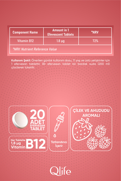 Qlife Vitamin B12 Effervescent Tablets Vitamin B12 İçeren Efervesan Tablet Takviye Edici Gıda