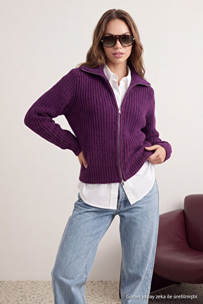 Trendyol Kollektion Wardrobe Essentials Pflaumenfarbene Strickjacke mit Reißv...