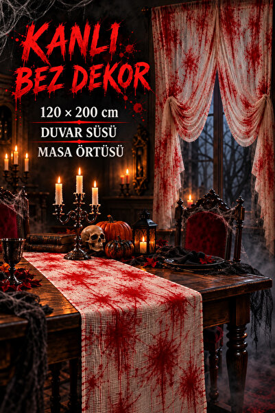 Huzur Party Store Kanlı Bez Dekor 120x200 cm Halloween Masa Örtüsü Duvar Süsü...