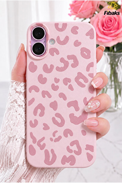Fibaks iPhone 16 Plus Kılıf Pembe Leopar Desenli İnce Yumuşak Silikon