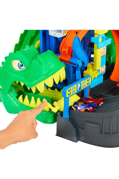 HOT WHEELS City Ultimate T-Rex Garajı, 2 oyuncak araba ve 50'den fazla araç için saklama alanı JHL98