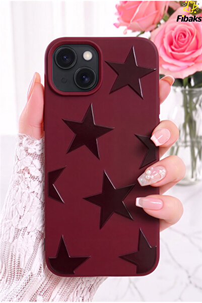 Fibaks iPhone 13/14/15 Kılıf Bordo Kabartmalı Star Yıldız Desenli Kadifemsi Y...