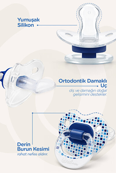 Wee Baby Şeffaf Desenli Ortodontik Damaklı Yumuşak Silkon Uçlu Emzik 18+ Ay Mavi