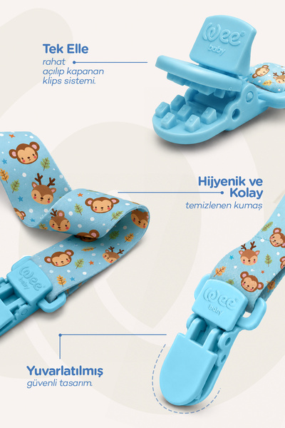 Wee Baby Zoo Bebek Emzik Bandı ve Desenli Emzik Askısı Mavi