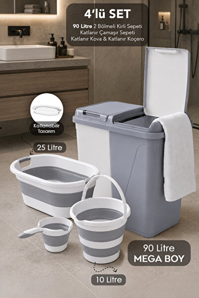 Meleni Home 4'lü Banyo Seti - 90Lt Gri Çift Hazneli Kirli Sepeti Katlanır Çam...