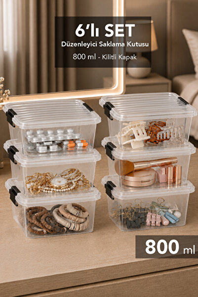 Meleni Home 6'lı Elora Saklama Kutusu - 800ml Kilitli Kapak Takı Makyaj Organ...