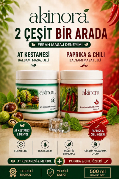 Akinora At Kestanesi Masaj Kremi 500 ml ve Biberli Masaj Jeli Kremi 500 ml