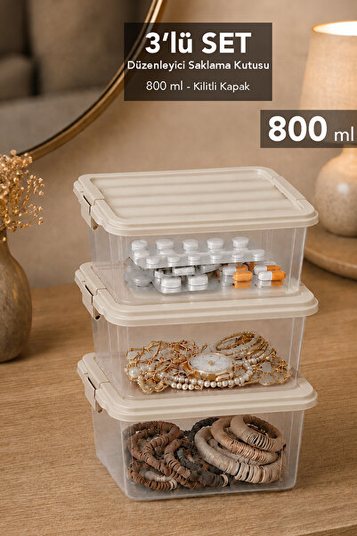 Meleni Home 3-Piece Elora Storage Box - 800ml Lockable Lid Jewelry Makeup Org...