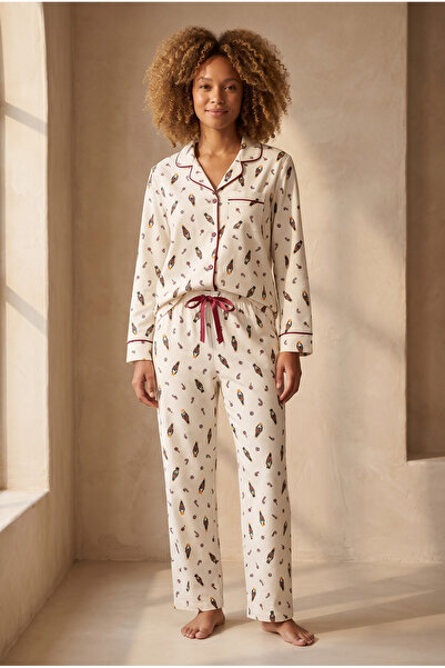 Katia&Bony Women's New Year's Themed Pajama Set Ecru