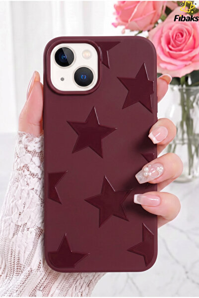Fibaks iPhone 13/14/15 Kılıf Bordo Kabartmalı Star Yıldız Desenli Kadifemsi Y...