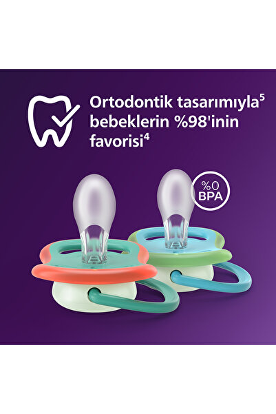 Philips Avent Ultra Air Gece Emziği, Ortadontik, Karanlıkta Parlayan, 6-18 Ay, Erkek, SCF376/28