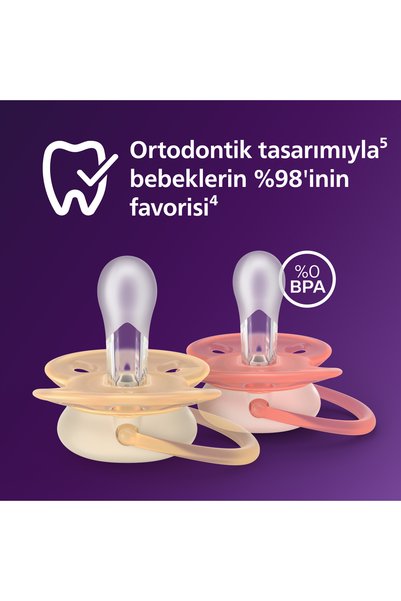 Philips Avent Ultra Soft Emzik, Ortodontik, Esnek Emzik Kalkanı, 0-6 Ay, Kız, SCF091/38