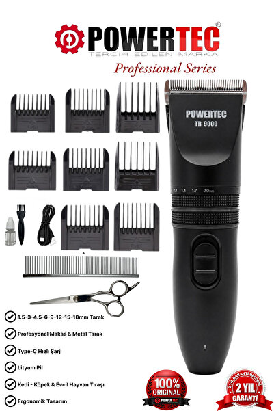 POWERTEC TR-9000 Kedi Köpek Tıraş Makinesi Seti Pet Evcil Hayvan Tüy Kesme (M...