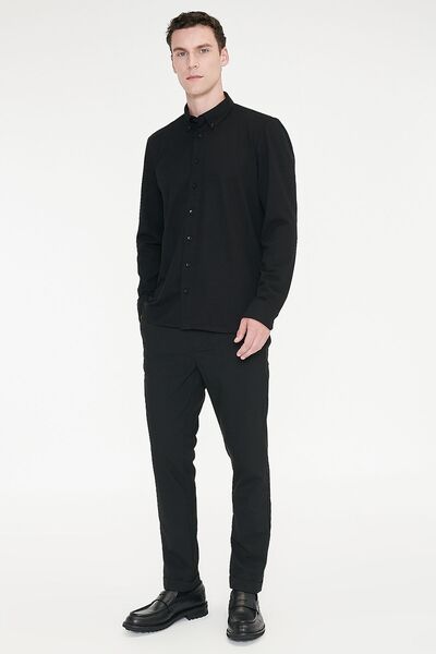 AC&Co / Altınyıldız Classics Erkek Siyah Nefes Alabilir Esnek Pamuklu Tailored Slim Fit Dar Kesim Düğmeli Yaka Örme Gömlek