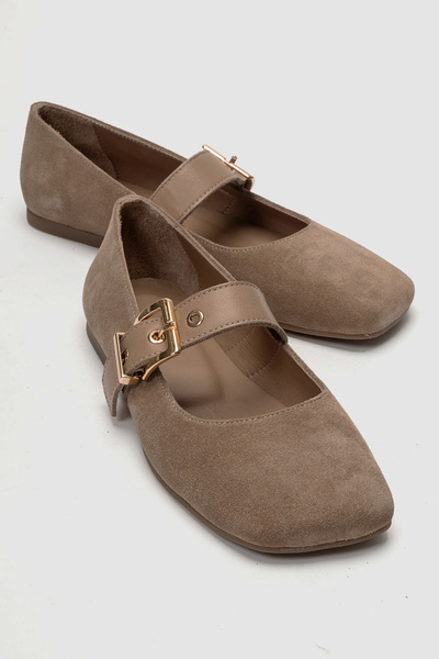 LuviShoes Jonas Beige Suede Genuine Leather Women's Ballerina Shoes with Belt