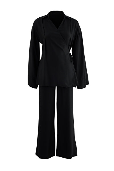 Trendyol Modest Μαύρη διπλόστηθη μπλούζα με υφαντό παντελόνι - Σετ μπλούζα κα...