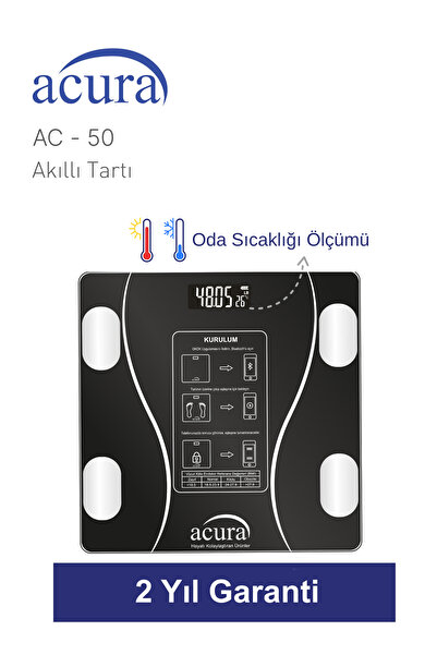 Acura AC-50 CE Onaylı Yağ, Su, Kas ve Kilo Ölçer Akıllı Tartı