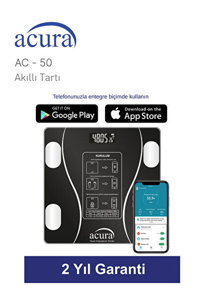 Acura AC-50 CE Onaylı Yağ, Su, Kas ve Kilo Ölçer Akıllı Tartı