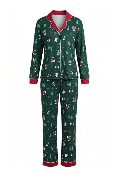 Trendyol Collection Green 100% Cotton Christmas Patterned Knitted Pajama Set ...