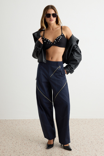 Trendyol Collection Navy Blue Zippered Barrel Fit Trousers Twoaw27Pl00109