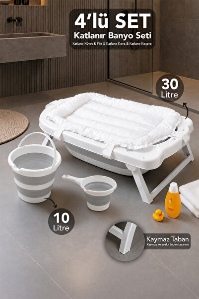 Meleni Baby 4'lü Lüks Bebek Banyo Seti - Katlanabilir Küvet 10Lt Akordiyon Su...