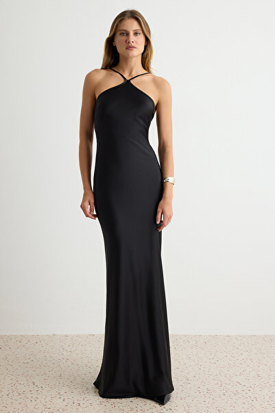 Trendyol Collection Black Shawl Detailed Shift/Straight Cut Maxi Woven Satin ...