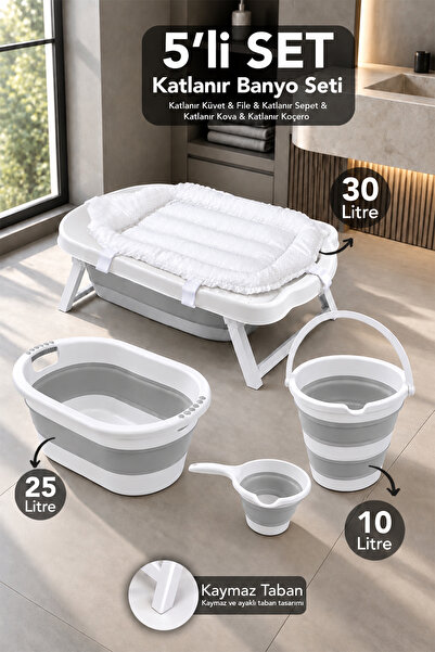 Meleni Baby 5'li Lüks Bebek Banyo Seti - Katlanabilir Küvet Katlanır Sepet 10...