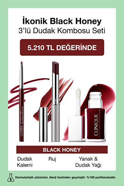 Clinique İkonik Black Honey 3'lü Dudak Kombosu Seti | Almost Lipstick Ruj, Dudak & Yanak Yağı, Dudak Kalemi