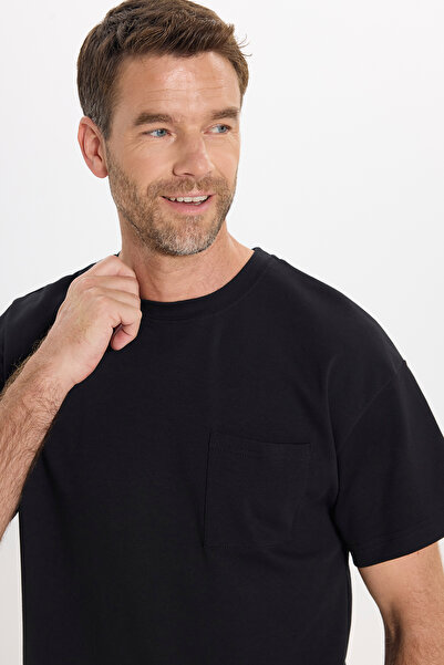 Tudors Men's Oversize Wide Cut Cotton Short Sleeve Lycra Pocket Black Crew Ne...