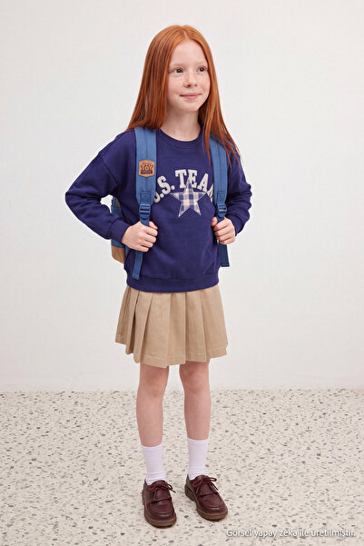 TRENDYOLKIDS Navy Blue Girls' Patch Detailed Crew Neck Thick Plain Knitted Sw...