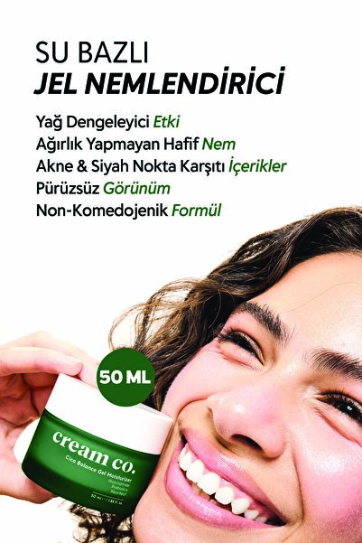 Cream Co. Cica Jel Krem Yağ Dengeleyici Su Bazlı Nemlendirici Yüz Kremi | Akneye Eğilimli Ciltler | 50 ml