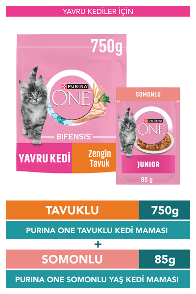 Purina One Junior Tavuklu Yavru Kedi Maması 750 g + Junior Somon Yaş Yavru Ke...