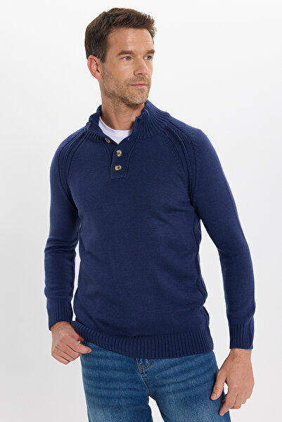 Tudors Erkek Slim Fit Dar Kesim Dik Yaka Düğmeli Lacivert Triko Kazak