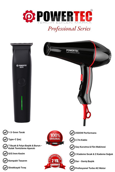 POWERTEC TR-601 Profesyonel Fön Makinesi + TR-375 Günlük Erkek Bakım Kiti (He...