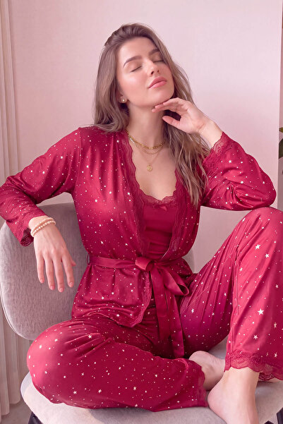 Pijamaevi Bordo Mini Yıldız Desenli Bambu Sabahlıklı Kadın Pijama Takımı