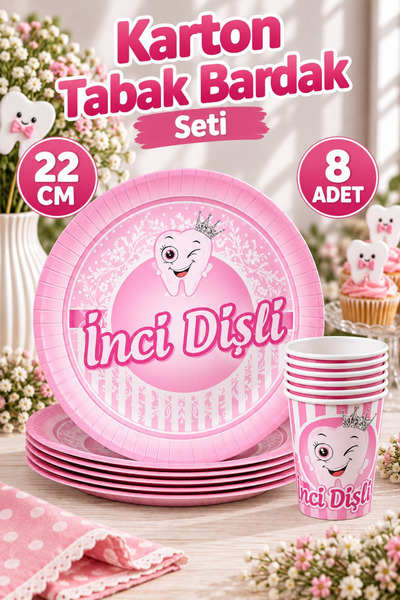 Huzur Party Store Pembe Diş Tabak Bardak 8 Adet İnci Dişli Yazılı İlk Dişim Ç...