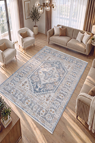 Cool Halı Belina Krem Mavi Salon Halısı Etnik Desen Vintage Klasik Göbekli Bu...