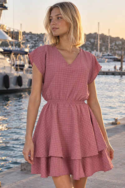 armonika Women's Dusty Rose V-Neck Elastic Waist Skirt Layered Flared Dress A...