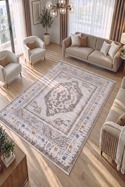 Cool Halı Belina Krem Vizon Salon Halısı Otantik Eskitme Desen Klasik Göbekli...