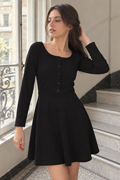 armonika Women's Black Buttoned Front Ribbed Flared Dress ARM-21K042015