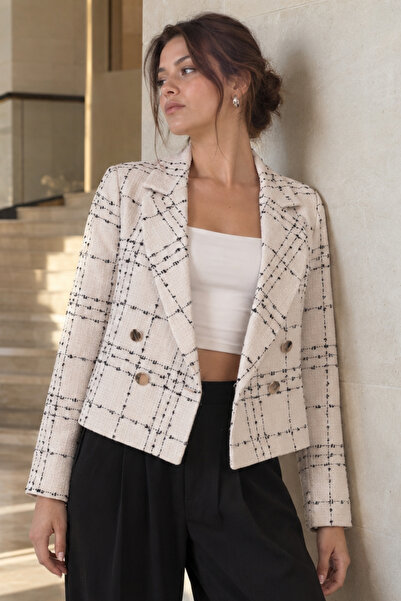 armonika Kadın Beyaz Kruvaze Yaka Tüvit Crop Ceket ARM-24K001014