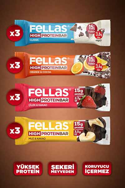 Fellas Yüksek Protein Bar (45 g) Karma Kutu - 12 Adet (4 Çeşit)