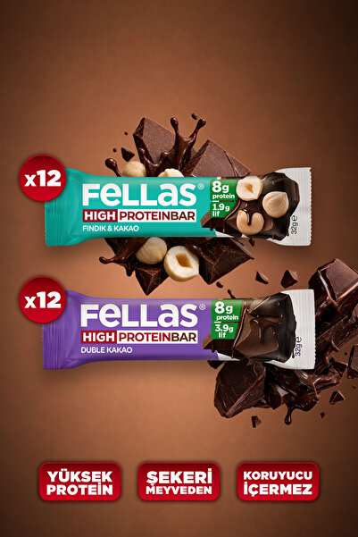 Fellas Protein Bar (32 g) Süper İkili Kutu - 24 Adet (Duble Kakaolu x 12 + Fı...