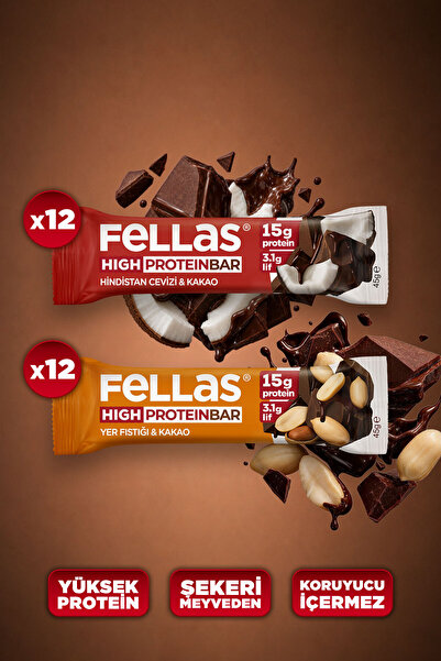 Fellas Yüksek Protein Bar (45 g) Süper İkili Kutu - 24 Adet (Yer Fıstıklı x 1...