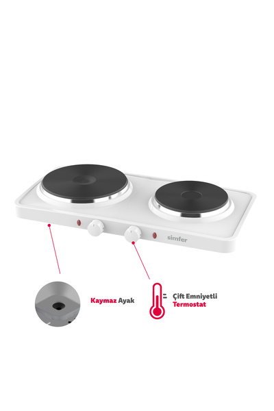 Simfer HP2500W Beyaz Hot Plate İki Gözlü Elektrikli Ocak (Çift Emniyetli Term...