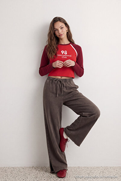 Trendyol Collection Dark Brown Wide-Leg Thin Knit Jogger Pants with Faded Eff...