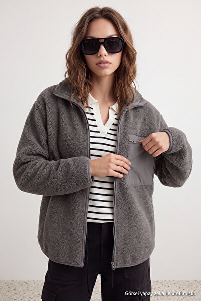 Trendyol Collection Winter Essentials Anthracite Thick Fleece Zippered High C...