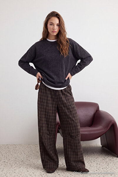 Trendyol Collection Anthracite Thick Cotton Distressed Effect Relaxed Fit Cre...