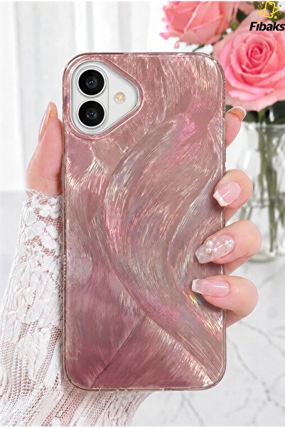 Fibaks iPhone 17 Kılıf Hologramlı Rose Gold Işıltı Ebru Desenli Şeffaf Siliko...