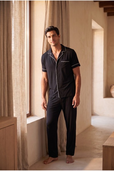 Katia&Bony Men's Silver Buttoned Pajama Set Black